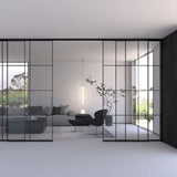 リビング使用イメージ／格子デザイン／フレーム：ブラック／引手：ブラック／ガラス：クリア