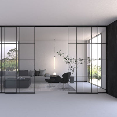 リビング使用イメージ／格子デザイン／フレーム：ブラック／引手：ブラック／ガラス：クリア