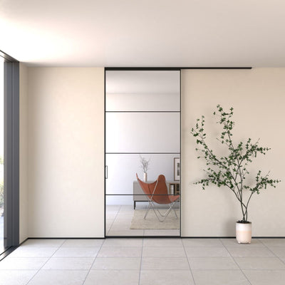 エントランス使用イメージ／横桟デザイン／フレーム：ブラック／引手：ブラック／ガラス：クリア